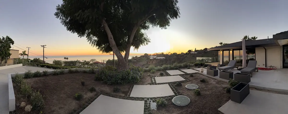 Finished drip irrigation installation at a Malibu home overlooking the ocean at sunset