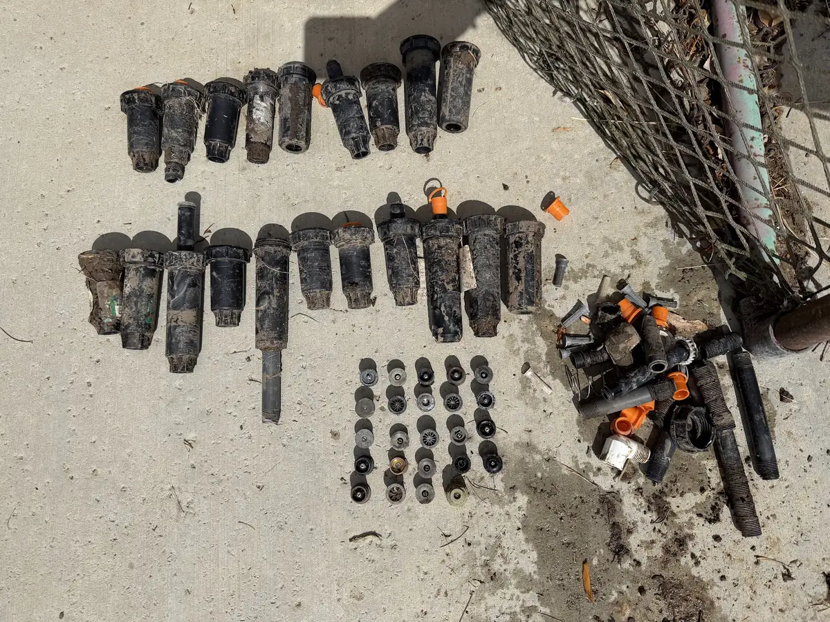 Dozens of old sprinkler heads and fittings removed during a major system tune-up