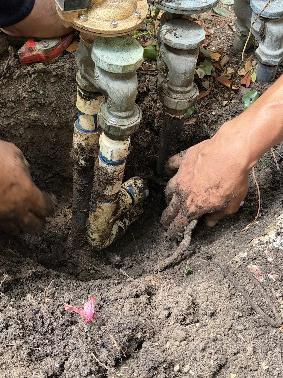 Anti-siphon sprinkler valves being dug out of mud for repair